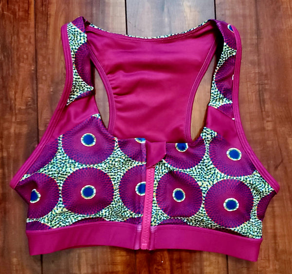 Ankara Sports Bra with front zipper & back Zippered Pocket