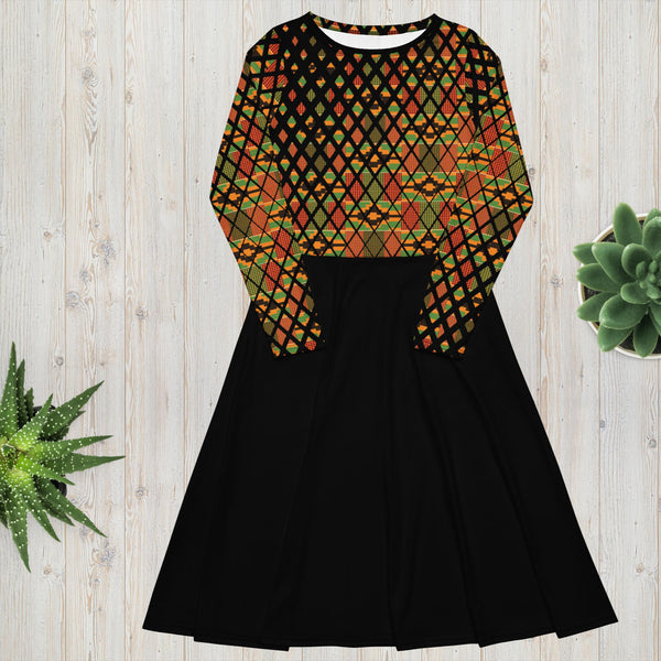 Kente Print long sleeve midi dress with Pockets