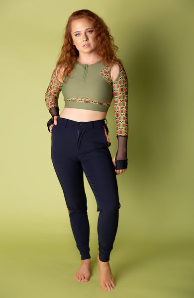 Kente Mesh Long Sleeve Sports Bra (Green)