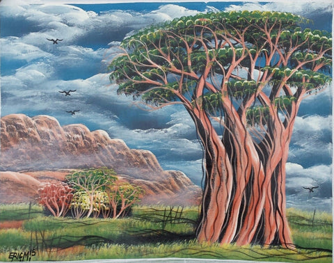 African Tree of Life Original Canvas Painting - Blue Sky