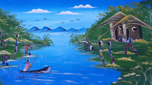 African River Activity Original Canvas Painting - Style #1
