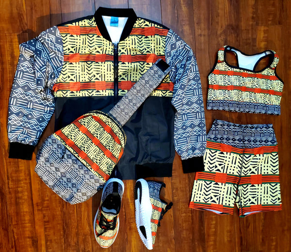 Kente & Mud Cloth Fusion Bomber Jacket for Women