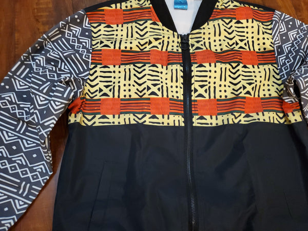 Kente & Mud Cloth Fusion Bomber Jacket for Women