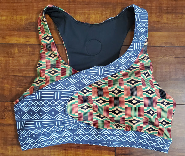 Kente and Mud Cloth Diagonal Sports Bra
