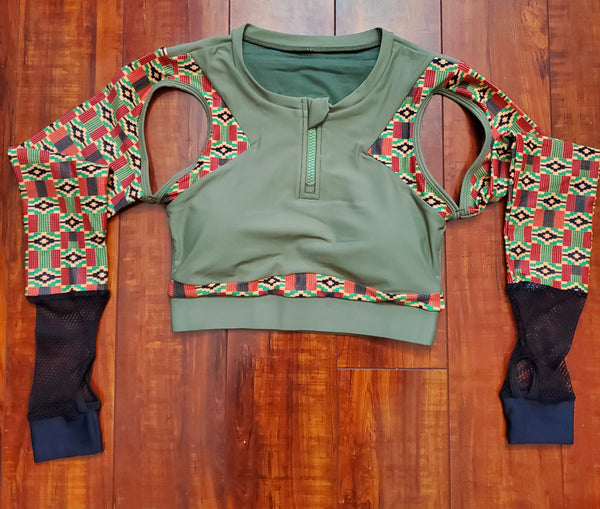 Kente Mesh Long Sleeve Sports Bra (Green)