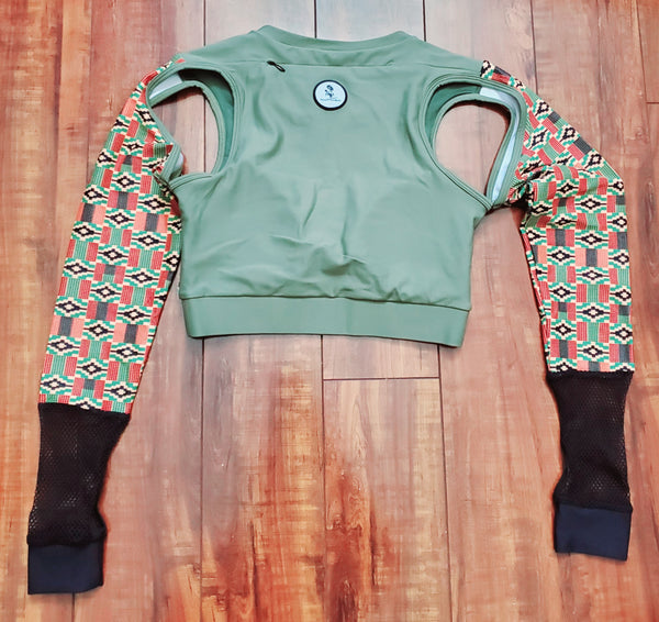 Kente Mesh Long Sleeve Sports Bra (Green)