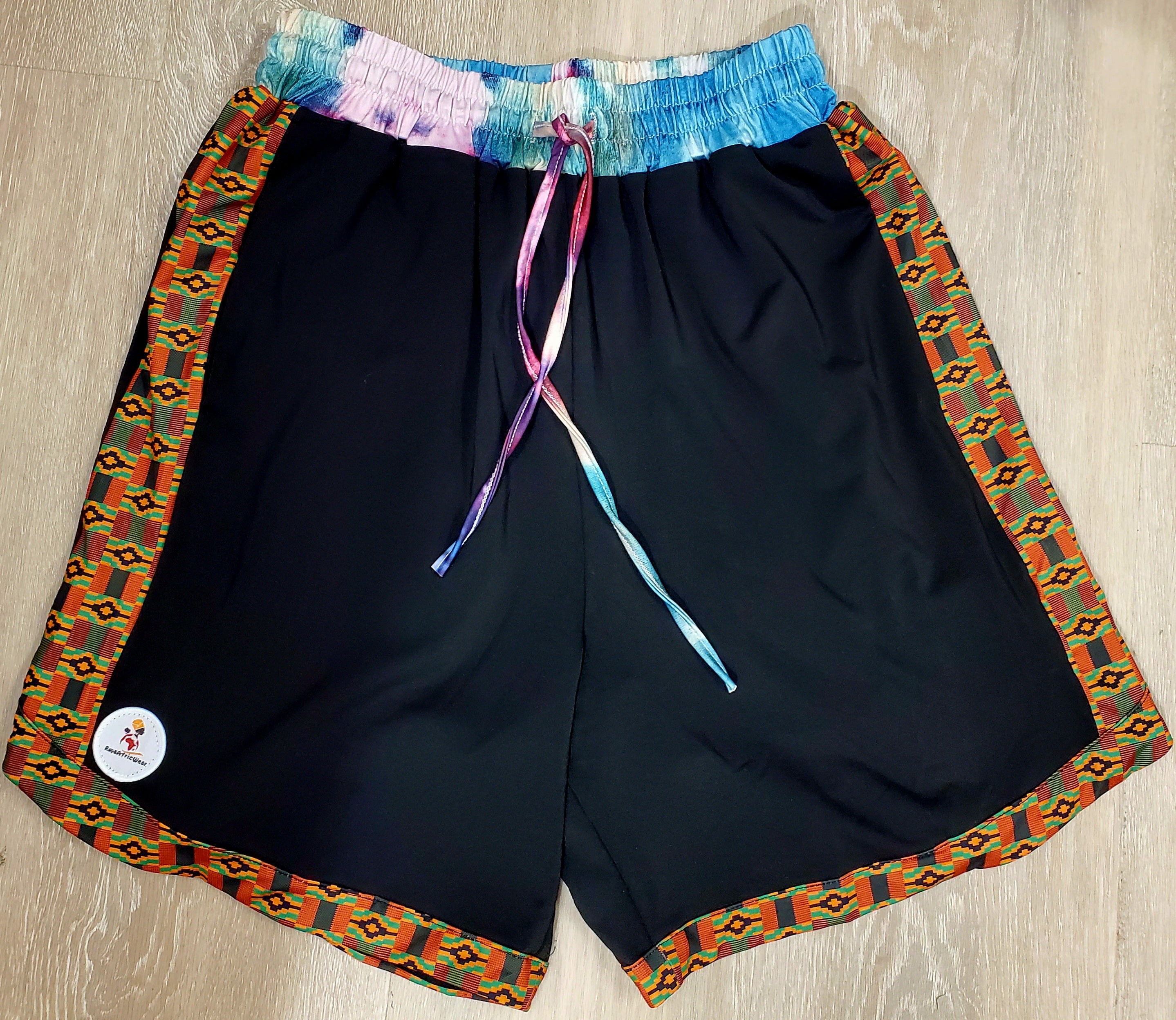 Black Kente & Tie Dye Shorts - RuvaAfricWear