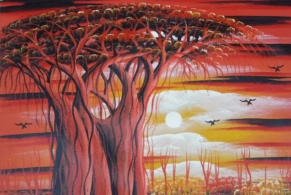 African Tree of Life Original Canvas Painting - Red