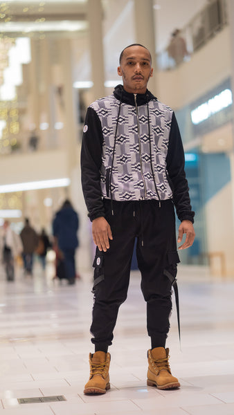 Unisex Black & White Kente Hoodie Zip Up