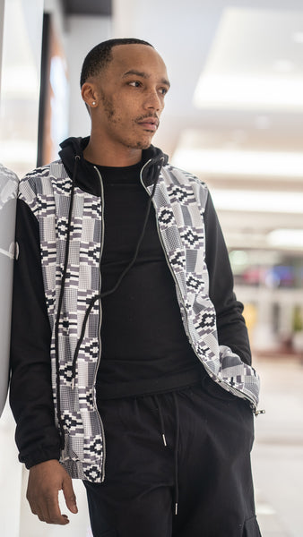 Unisex Black & White Kente Hoodie Zip Up