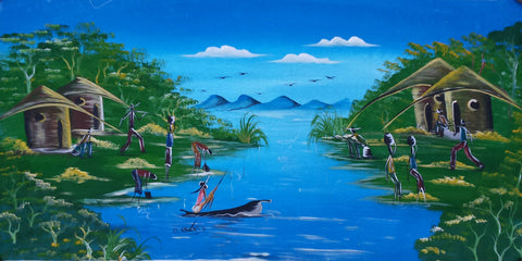 African River Activity Original Canvas Painting - Style #1