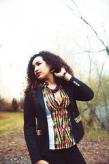 Kente Lapel & Pockets Ladies Blazer -Black
