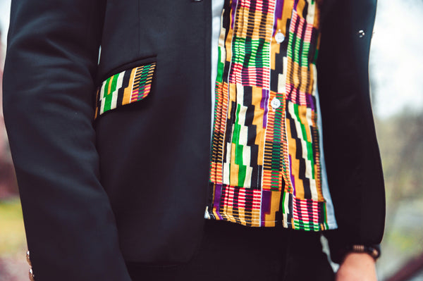 Kente Lapel & Pockets Ladies Blazer -Black