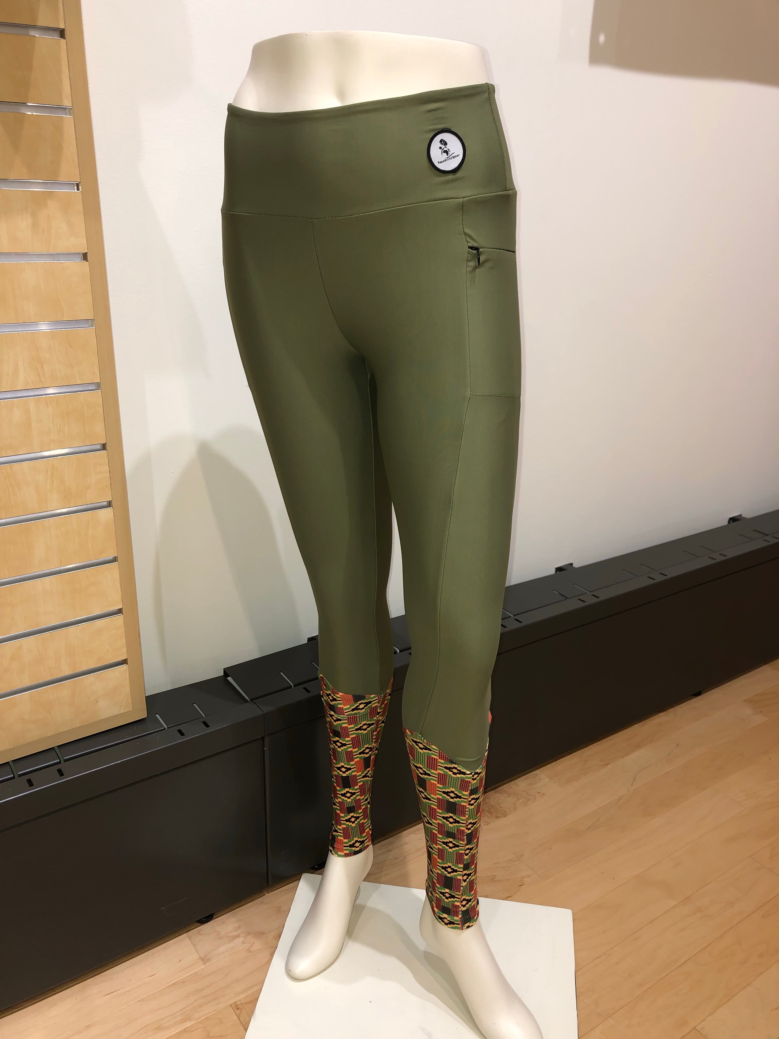 Army Green Kente Calves Leggings - RuvaAfricWear