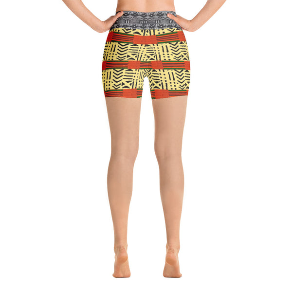 Kente and Mud Cloth Fusion Yoga Shorts