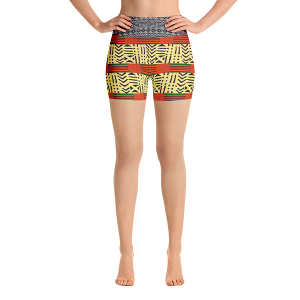 Kente and Mud Cloth Fusion Yoga Shorts